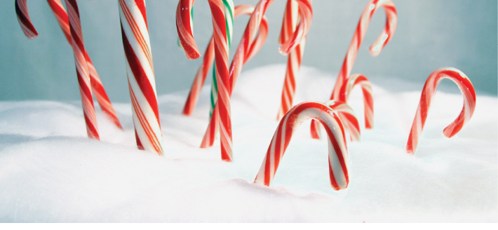 candy canes propped in snow on blue background