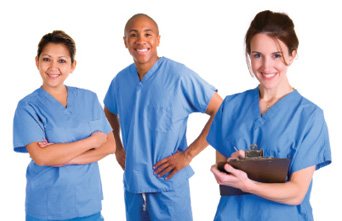 two women and one man dressed in light blue scrubs for national nursing assistant week