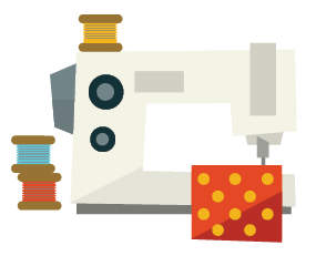 clip art graphic of a sewing machine, spools of thread, and fabric