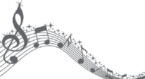 black and white music notes dancing across white background