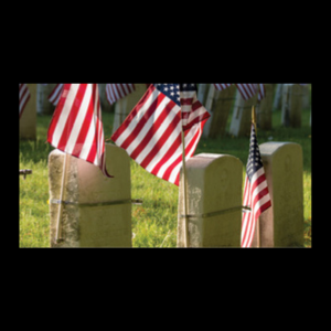 American flags and headstones in cemetery