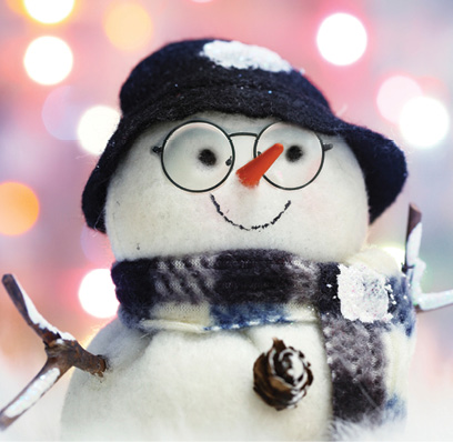 Graphic of cute white snowman wearing a floppy hat, round glasses, and plaid scarf.